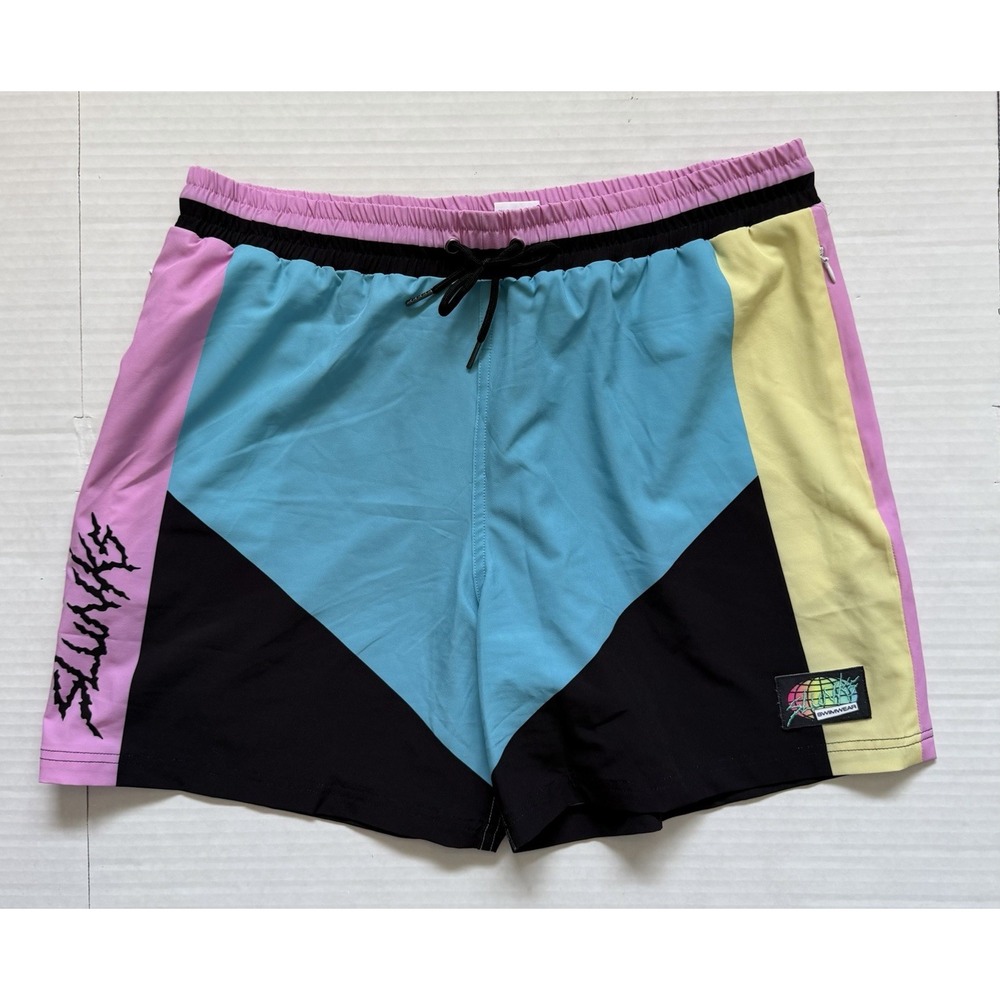 Slunks Shorts Men XL Lined Ski-Doos Color Block Volleyball Pink Elastic Waist